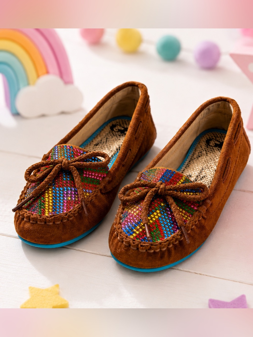 Gianni Bini Little Girls Leather Moccasin Rainbow Rhinestone Shoes Sz 13M